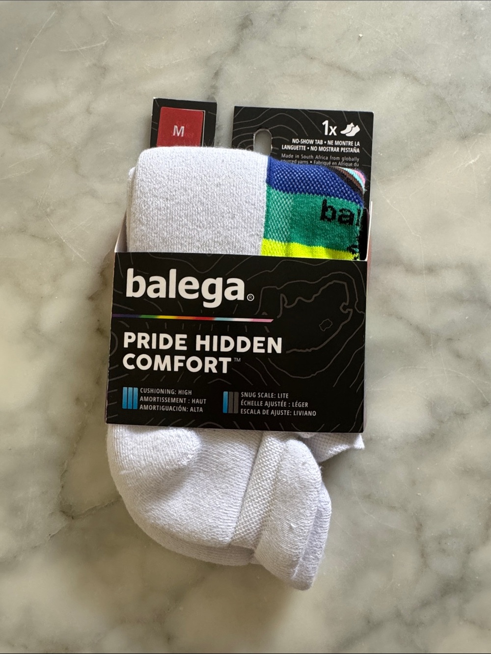 Balega Pride Hidden Comfort No-Show Socks — White with Rainbow Accent
